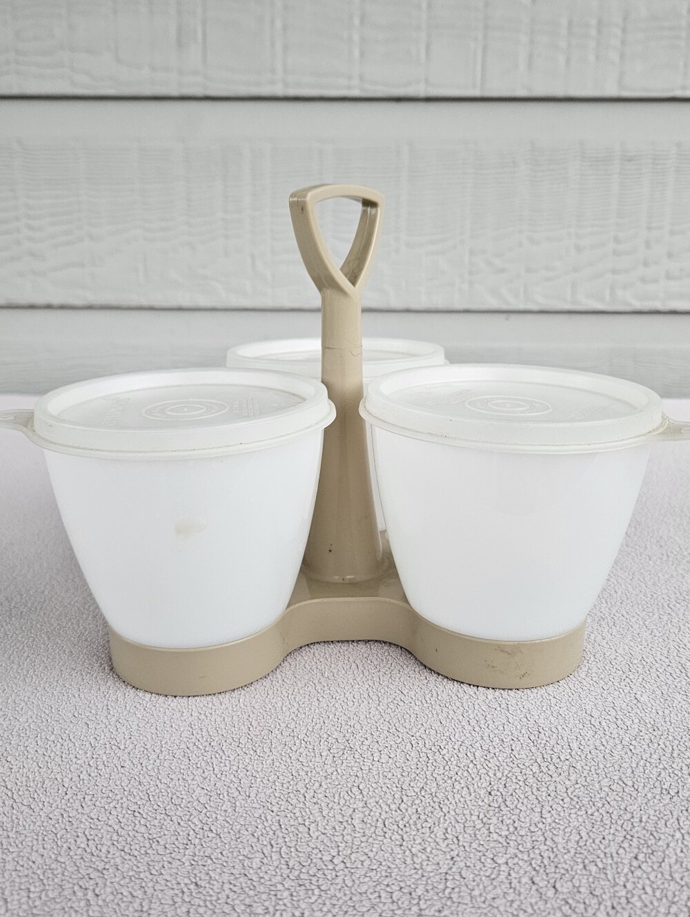 VTG Tupperware Condiment Caddy With Holder 3 Containers Lids Almond Clear - Picture 3 of 10